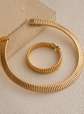 欧美跨境金属风个性蛇骨手链项圈夸张开口设计手饰宽边竖纹项饰