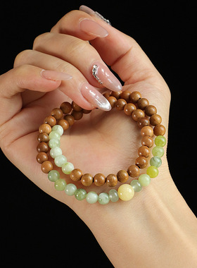 桃木岫玉双圈串珠男女手链民族风文艺复古绿檀木手串文玩手饰批发