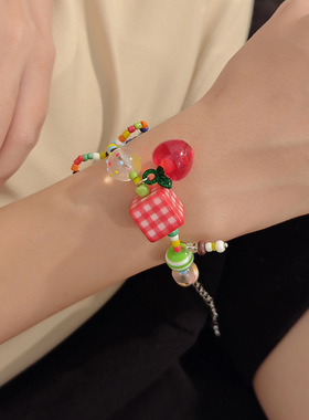 多巴胺彩色串珠蝴蝶结糖果方形手链 轻奢设计感甜美少女个性手饰
