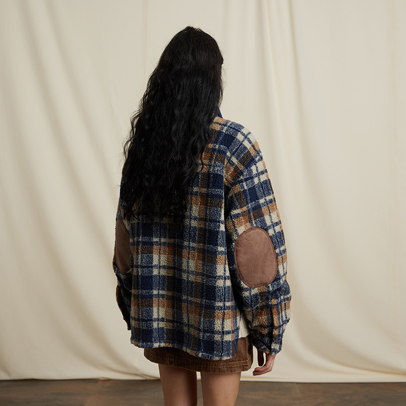 JOYRICH 复古仿羊羔毛格纹衬衫外套秋冬新品男女同款宽松刺绣棉服