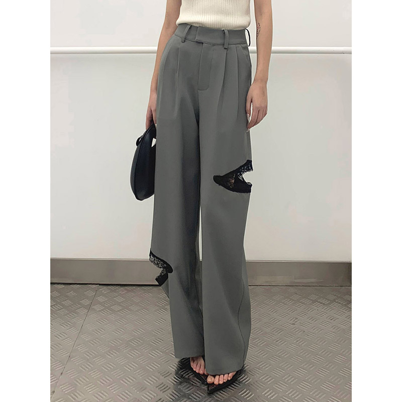 【LAMBO】3米腿长！不对称蕾丝拼接 挖空设计 黑色阔腿裤长裤西裤 - 图0