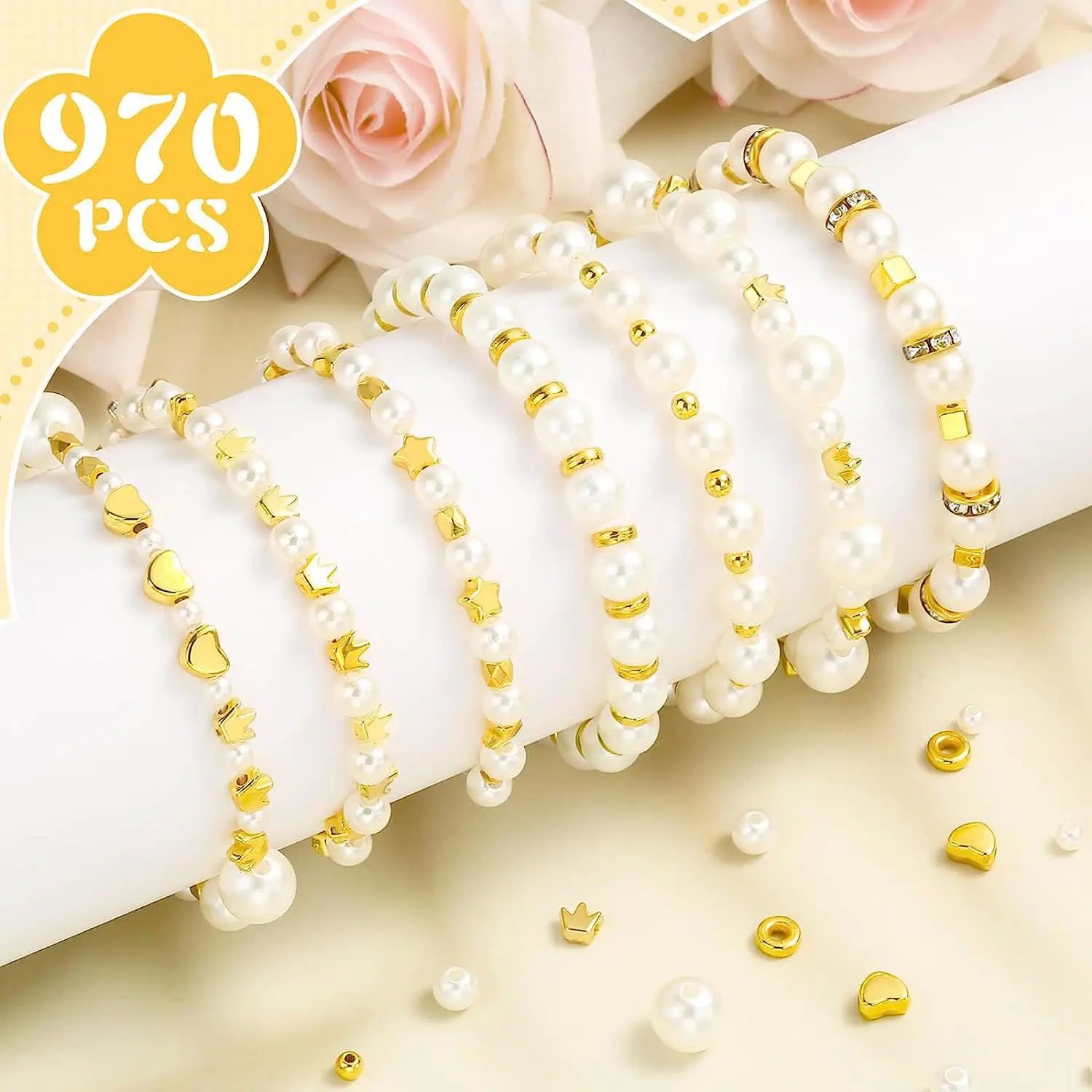 1140Pcs Imitation Pearl Plated Gold CCB Beads Kits Star Hear - 图2