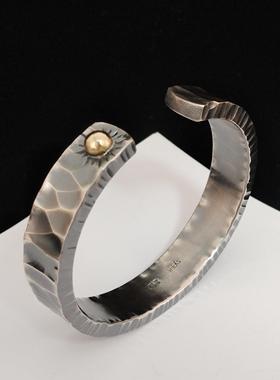 高档古做旧平面锤仿印锤痕9手9足银镯手工原创纯银手镯丽雪江花银