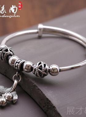 正品银9999银手镯女覆古气质镯流苏纯款鱼吊坠圆珠子推拉送女友足