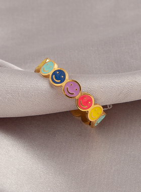七彩彩色笑脸戒指女开口可调节小众设计感食指指环戒子闺蜜礼物