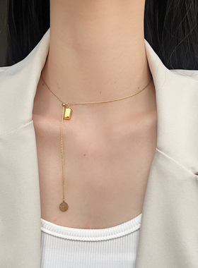 招财转运福牌小金砖项链女小众高级感钛钢不掉色抽拉可调节锁骨链