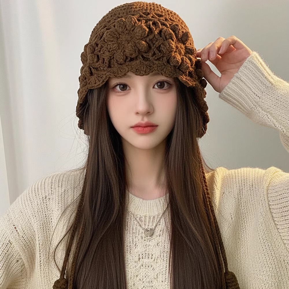 加厚双层手工钩织花朵流苏毛线帽女秋冬百搭时尚显脸小针织包头帽