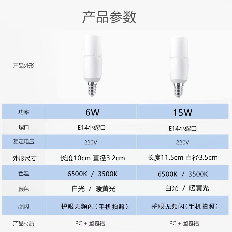 led灯泡超亮节能家用E14小螺口圆柱形筒灯球泡吊灯护眼照明白光源