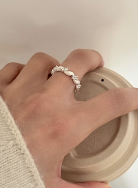 S925银法式复古拉丝飘带戒指锆石爆闪甜美温柔开口食指环ins小众