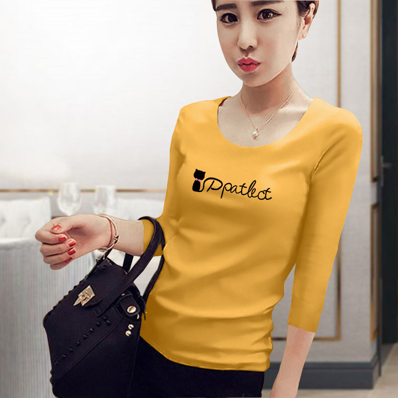 黄色字母印花七分袖女修身纯棉t恤 正丫T恤