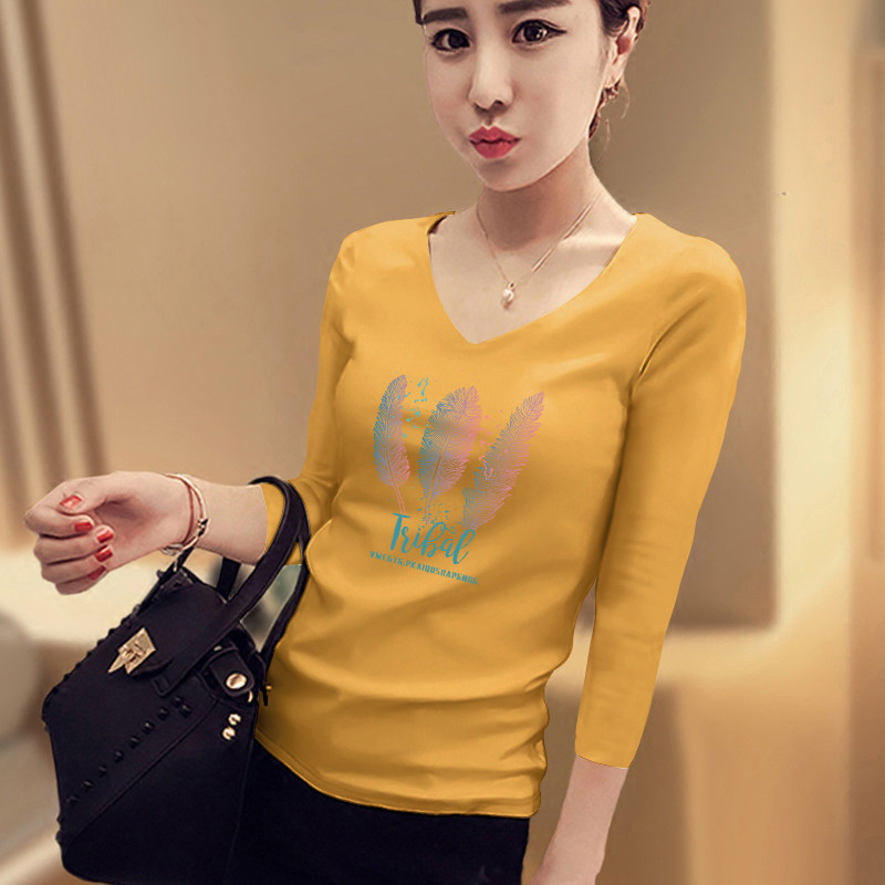 白色羽毛印花七分袖韩版修身打底衫 正丫T恤