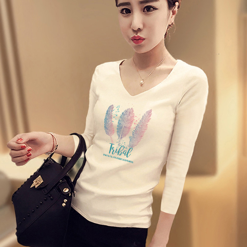 白色羽毛印花七分袖韩版修身打底衫 正丫T恤