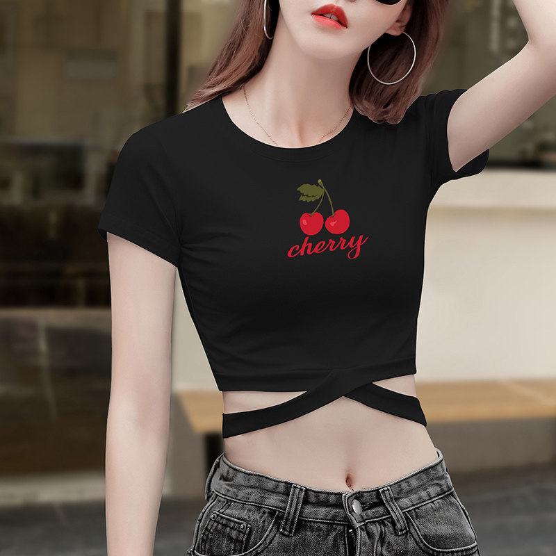 网红个性绑带露脐装樱桃印花女t恤 正丫T恤