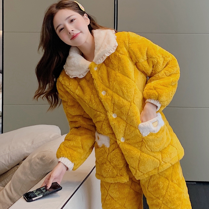 三层珊瑚绒秋冬加绒超厚夹棉睡衣 qusmiyan秋水名媛睡衣/家居服套装