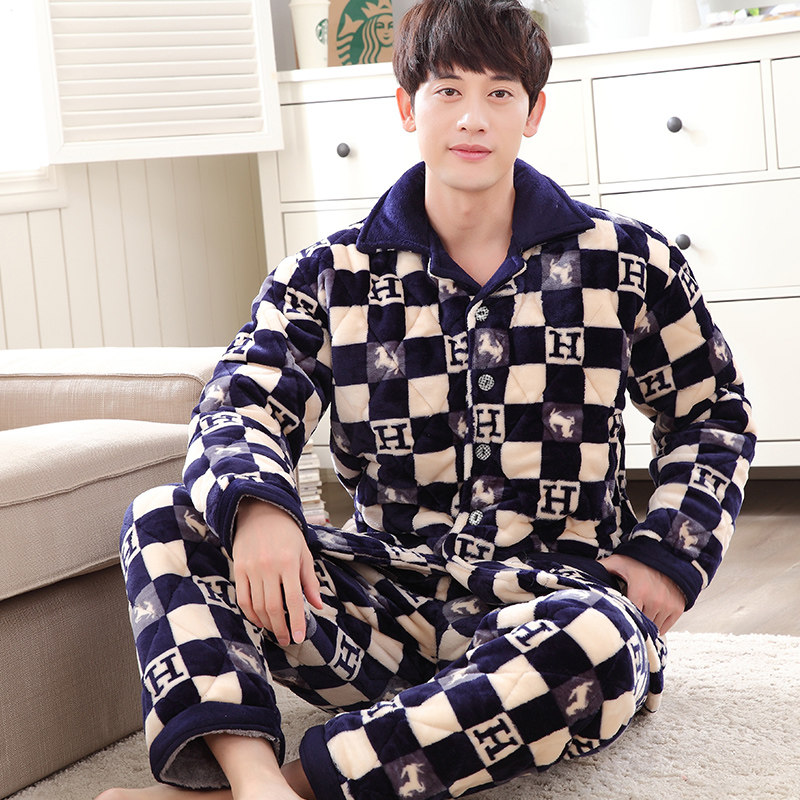 珊瑚绒男冬三层加厚加绒夹棉睡衣 qusmiyan秋水名媛睡衣/家居服套装