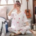 Bộ đồ ngủ bằng lụa cotton nữ mùa hè quần ngắn tay phiên bản Hàn Quốc của sinh viên ngọt ngào và đáng yêu cotton lụa nhà dịch vụ phù hợp với bộ đồ cotton mỏng - Bộ Pajama