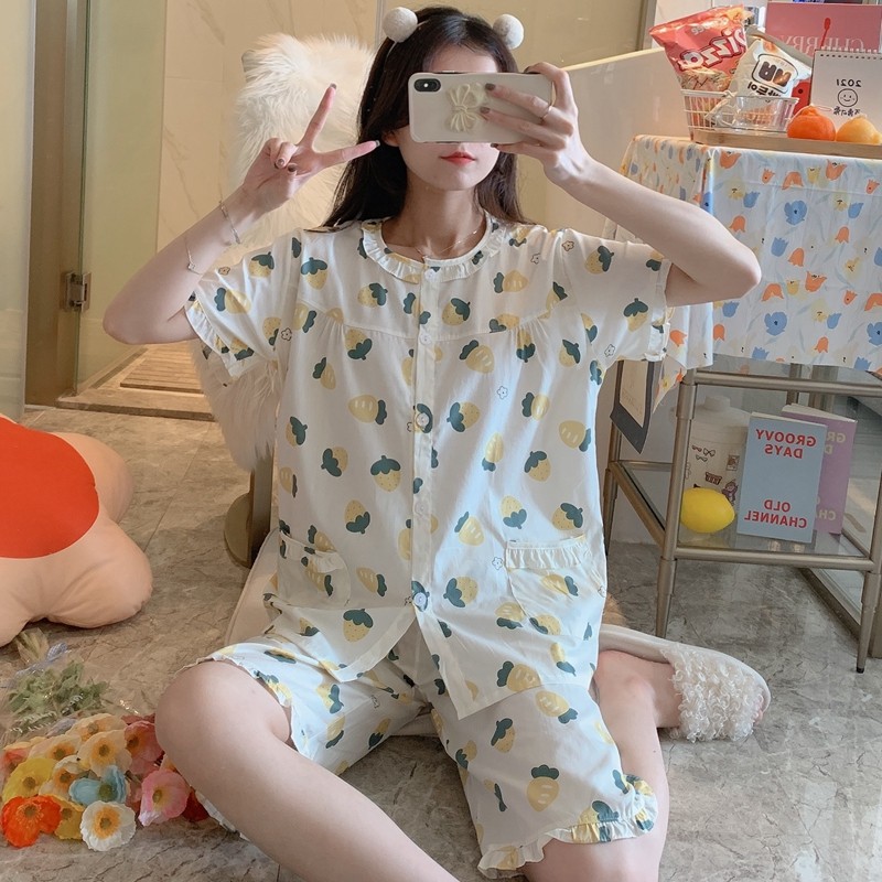 夏季短袖短裤开衫全棉梭织纯棉睡衣 qusmiyan秋水名媛睡衣/家居服套装