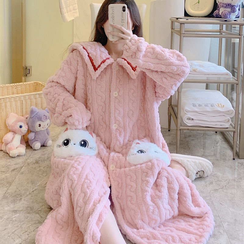 珊瑚绒女春秋冬加绒晨袍长款睡袍 qusmiyan秋水名媛睡袍/浴袍