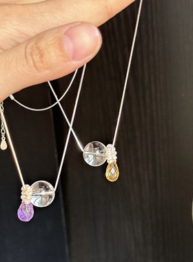 AC定制 新款天然白水晶黄紫水滴吊坠天然淡水珍珠通体纯银项链女
