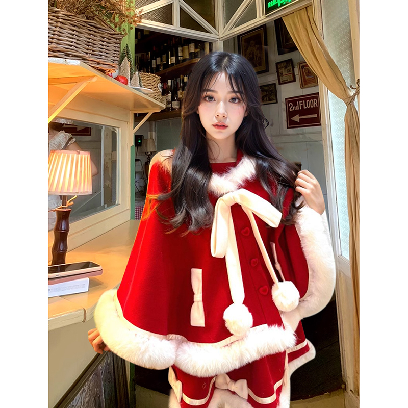 绒绒雪 秋冬可爱甜美毛边连帽斗篷少女纯欲蓬蓬短裙洋装圣诞套装 - 图0