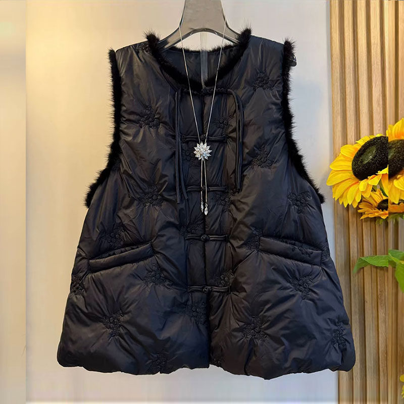 新中式大码女装2025秋冬款国潮风轻奢刺绣盘扣提花真貂毛加棉马甲,淘宝优惠券,粉丝福利购,淘宝优惠卷