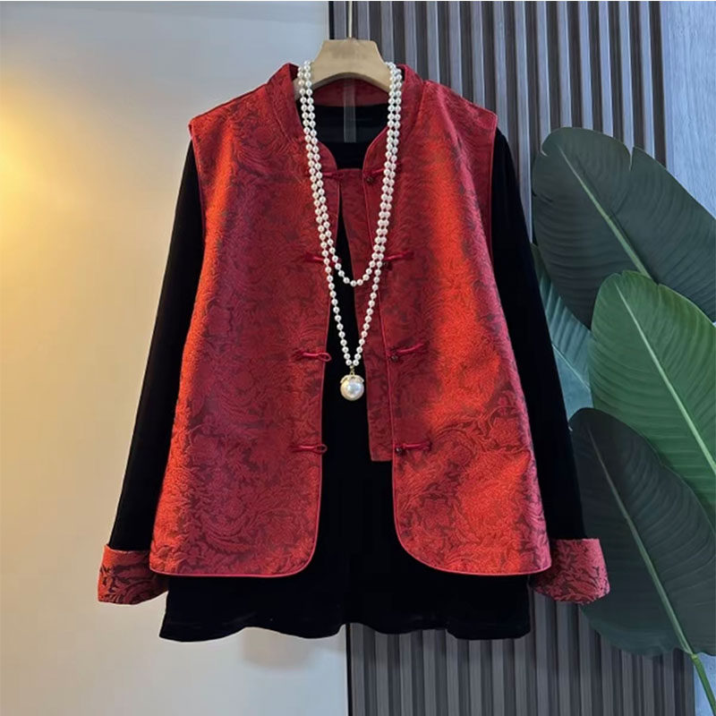 新中式大码女装轻奢国潮风洋气提花盘扣马甲小衫新年穿显瘦两件套,淘宝优惠券,粉丝福利购,淘宝优惠卷