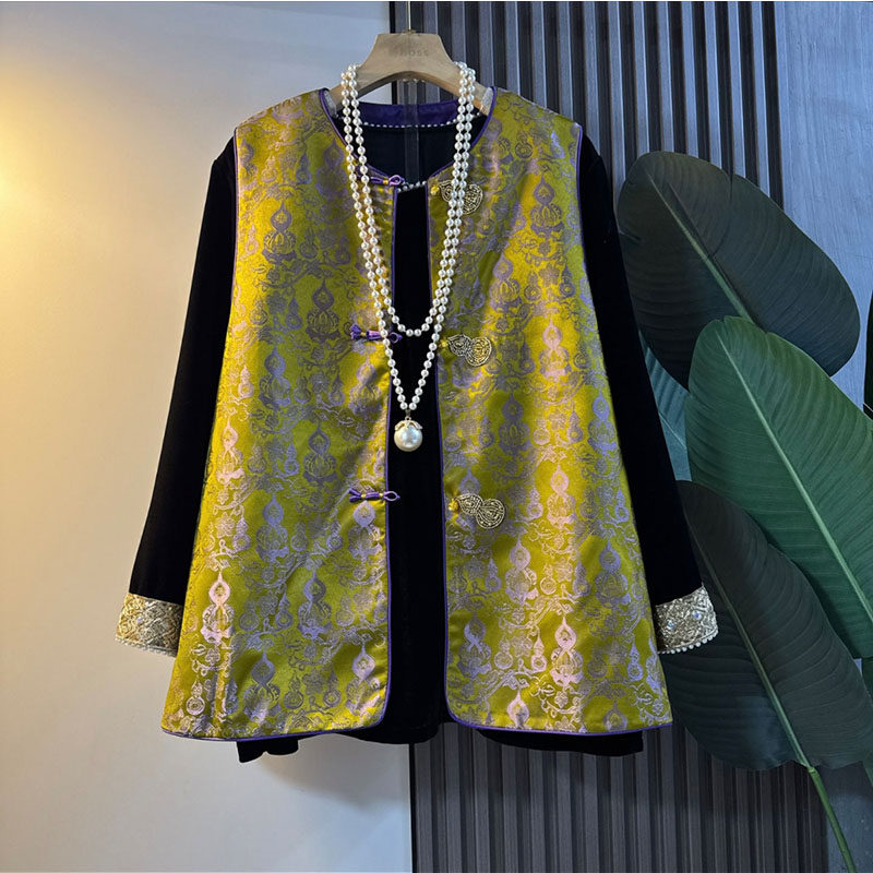 新中式大码女装2026新款轻奢国风锦缎提花盘扣马甲小衫显瘦两件套,淘宝优惠券,粉丝福利购,淘宝优惠卷