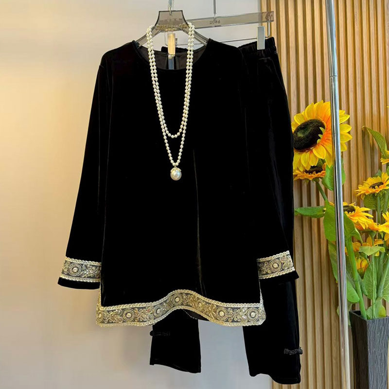 新中式大码女装2025秋季新款国风丝绒拼接蕾丝花边上衣裤子两件套,淘宝优惠券,粉丝福利购,淘宝优惠卷