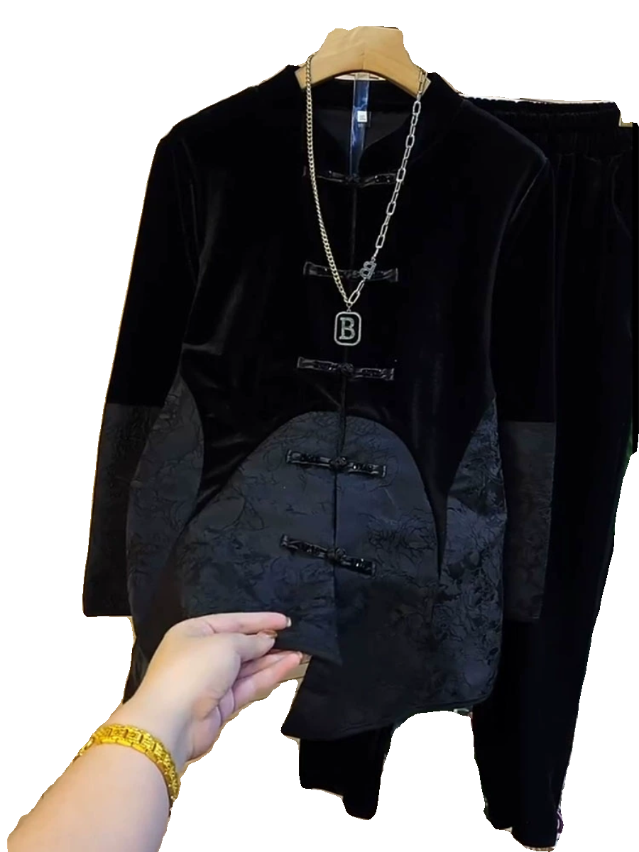 大码女装2023秋季新款胖mm显瘦中国风盘扣丝绒拼接上衣裤子两件套,淘宝优惠券,粉丝福利购,淘宝优惠卷