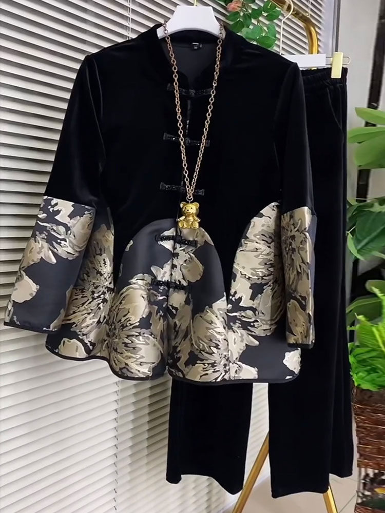 大码女装2023秋季新款胖mm显瘦中国风盘扣丝绒拼接上衣裤子两件套,淘宝优惠券,粉丝福利购,淘宝优惠卷