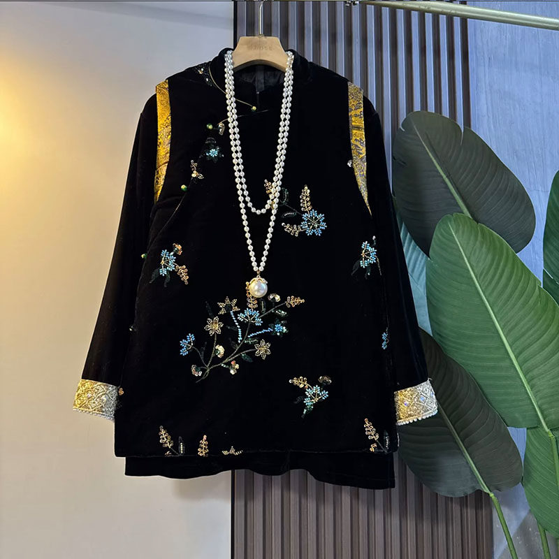 新中式大码女装2025冬季新款国风亮片刺绣花朵马甲小衫显瘦两件套,淘宝优惠券,粉丝福利购,淘宝优惠卷