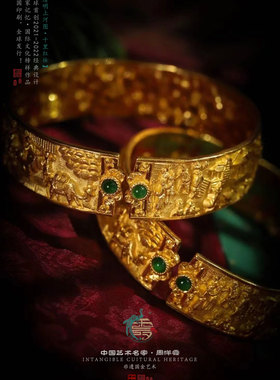 足金古法非遗手工金錾刻清明上河图手镯