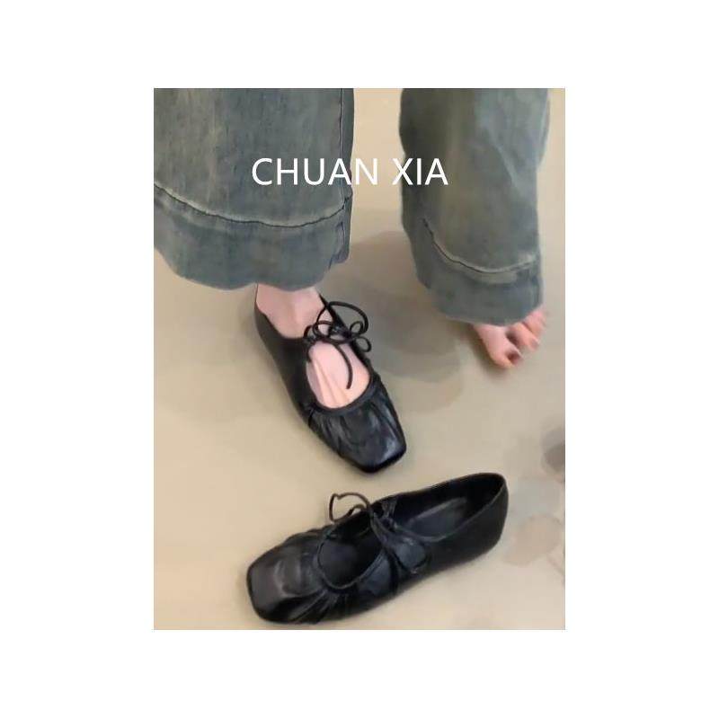 羊皮版！芭蕾风方头玛丽珍鞋女真皮褶皱软底瓢鞋法式复古平底单鞋,淘宝优惠券,粉丝福利购,淘宝优惠卷