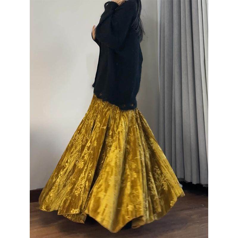 读衣术鎏金色印花半身裙 中式老钱风丝绒长裙 不规则金丝绒鱼尾裙,淘宝优惠券,粉丝福利购,淘宝优惠卷