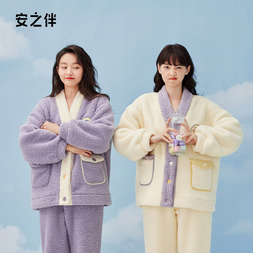 安之伴珊瑚绒睡衣女冬季加绒加厚家居服可爱宽松保暖套装可外穿 - 图1