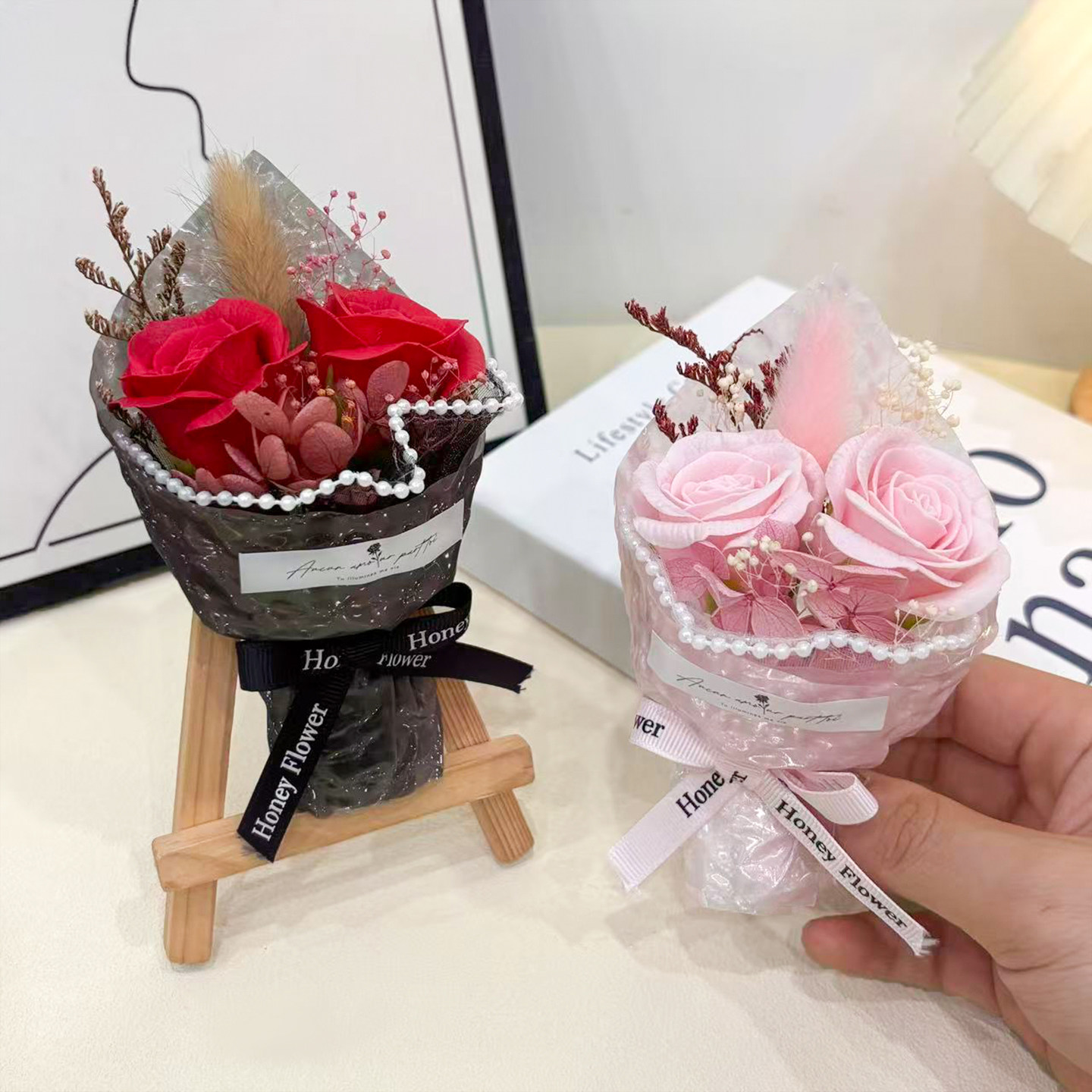 迷你见面小花束口袋花束永生花干花仿真花玫瑰花小礼品礼物送女生