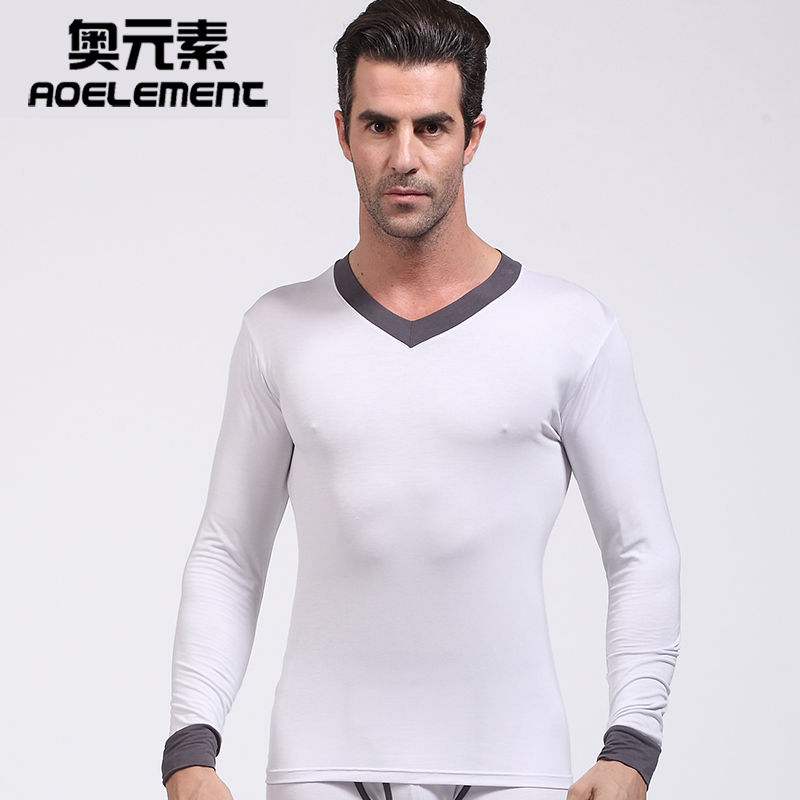 奥元素男士紧身莫代尔v领修身秋衣薄款单件打底衫保暖长袖上衣