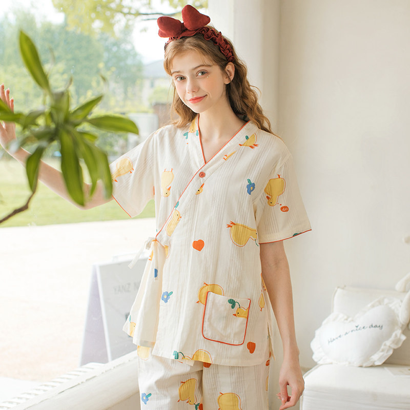 月子服夏季产后纯棉纱布短袖睡衣 静孕家居服套装