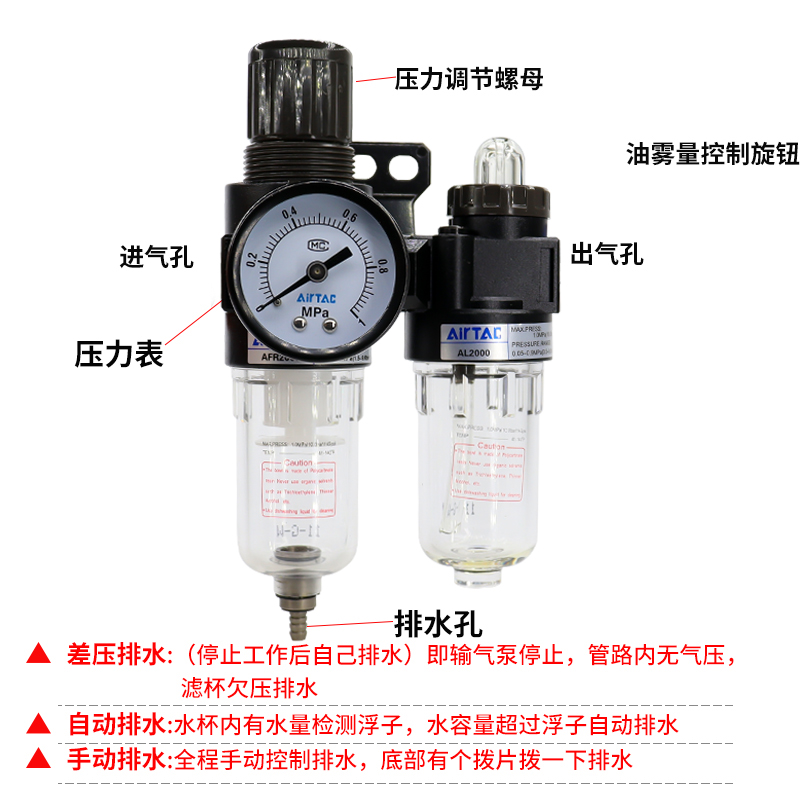 亚德客AL/AFR/AFC2000二联件油水分离过滤器空压机气动减压调压阀