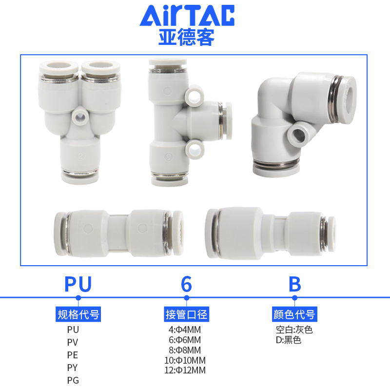 亚德客气动快速接头PU直通PG PE变径PY PV三通气管快插4 6 8 10MM-图1