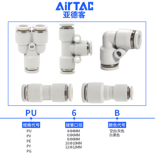 亚德客气动快速接头PU直通PG PE变径PY PV三通气管快插4 6 8 10MM-图1