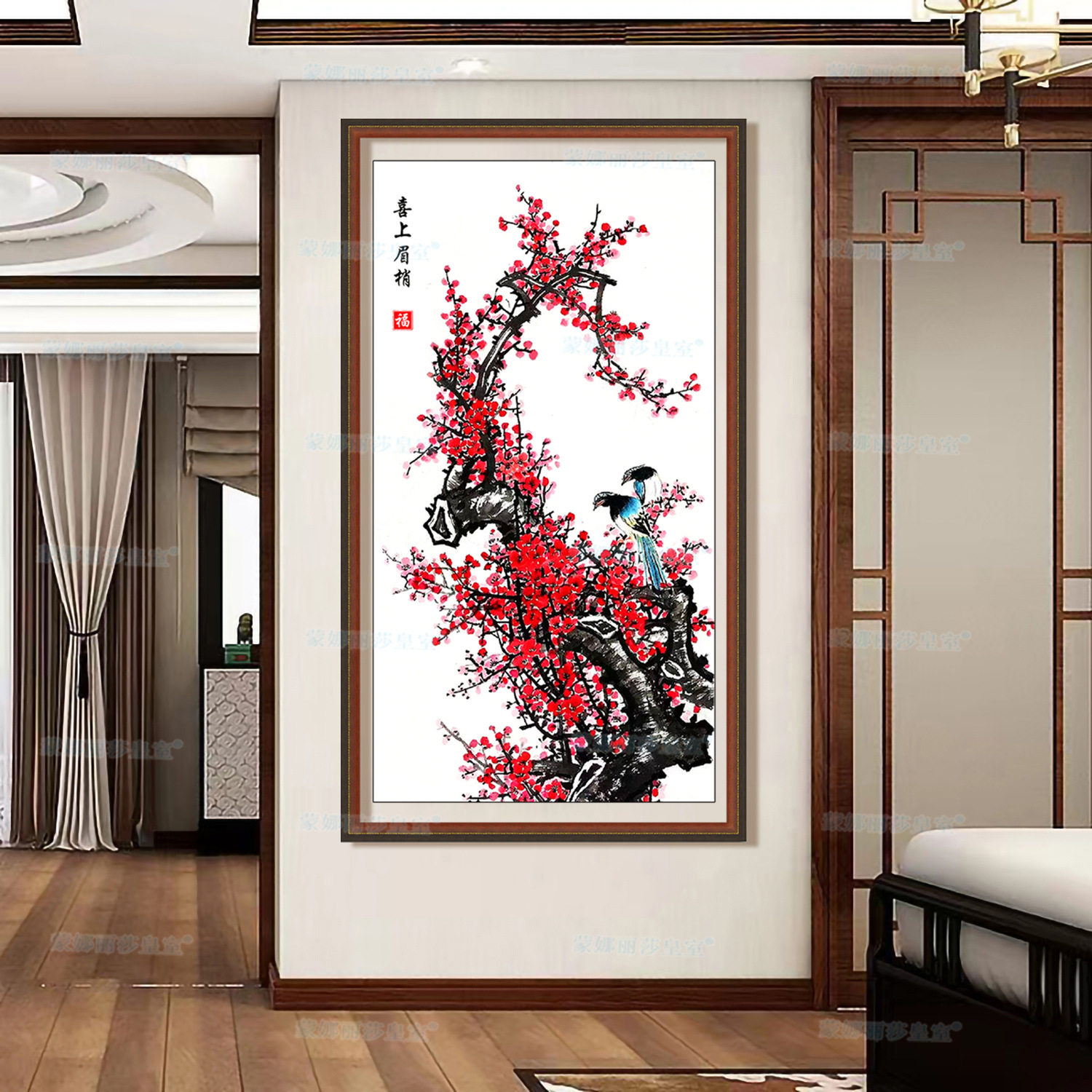 蒙娜丽莎十字绣2023新款线绣喜上眉梢新中式梅花中国风客厅玄关画