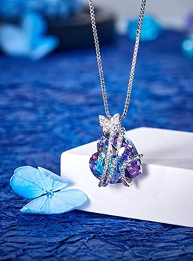 女童甜妹风紫色水晶盒子链锁骨链