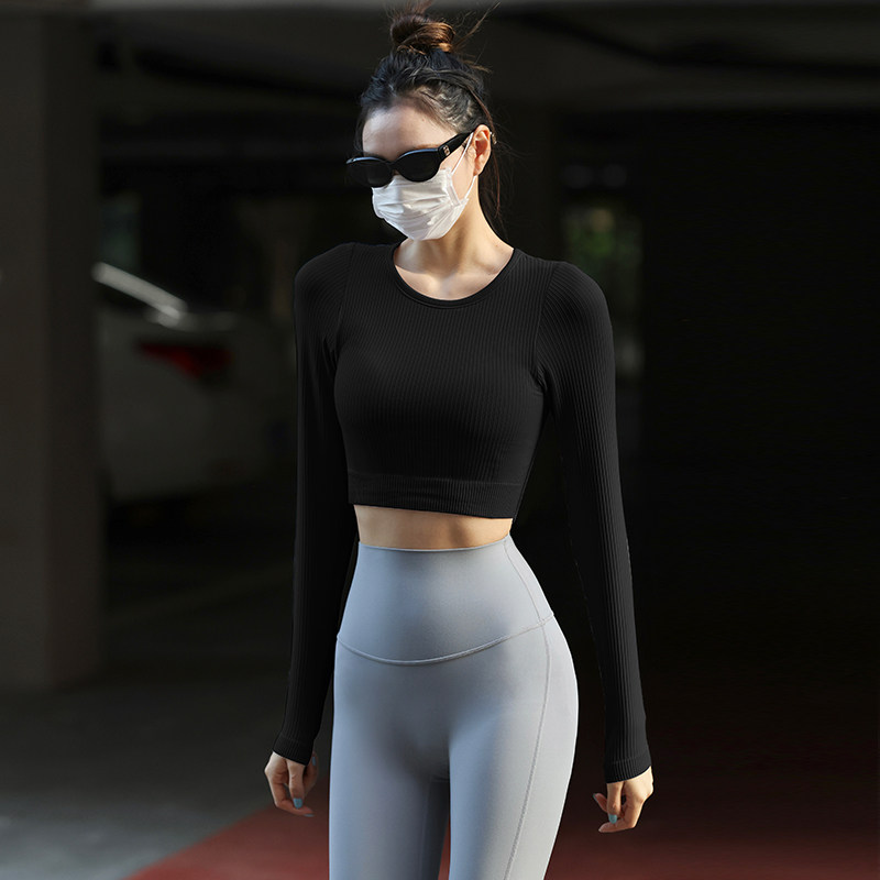 Beemen无缝一体织瑜伽长袖女外穿短款上衣显瘦秋冬健身服运动T恤,淘宝优惠券,粉丝福利购,淘宝优惠卷