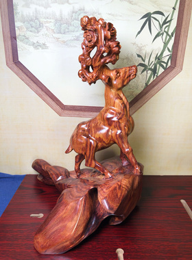 海南黄花梨路路生财 生财有鹿 梅花鹿 镂空雕刻摆件收藏工艺品