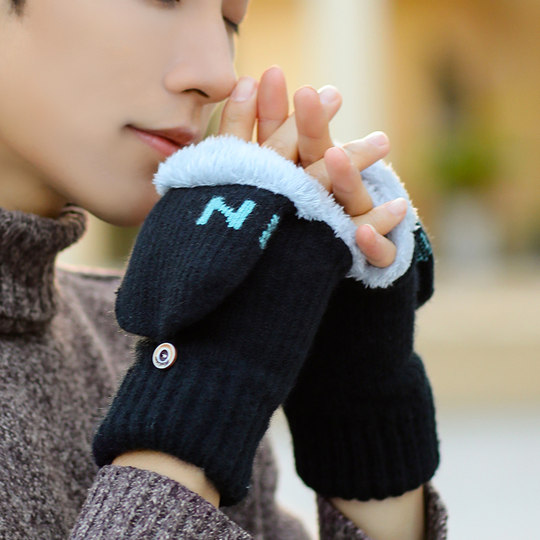 手套男秋冬季针织骑行学生冬天加绒写字保暖防寒半指翻盖棉手套女