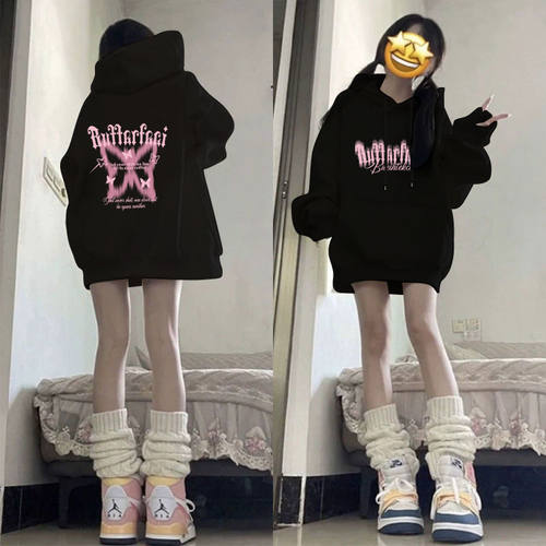 潮牌连帽卫衣女秋冬款加绒加厚外套初中高中学生休闲宽松ins洋气 - 图1