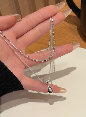 水滴双层叠戴纯银项链锁骨链女