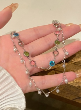 多巴胺彩色锆石珍珠锁骨链项链