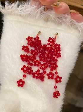 超仙红色串珠流苏耳环女氛围感